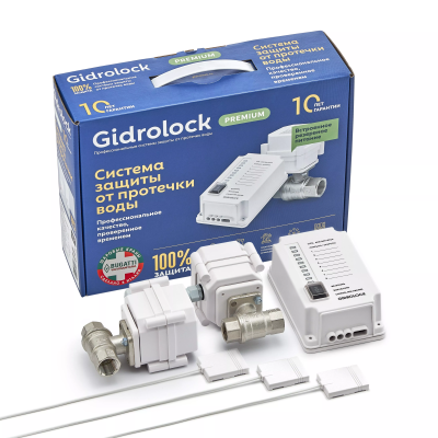  Комплект Gidrоlock Premium BUGATTI 1/2 (31201021) Система защиты от протечек с 3 датчиками WSP, блоком управления, АКБ и 2 ШЭП Bugatti 1/2 дюйма. 